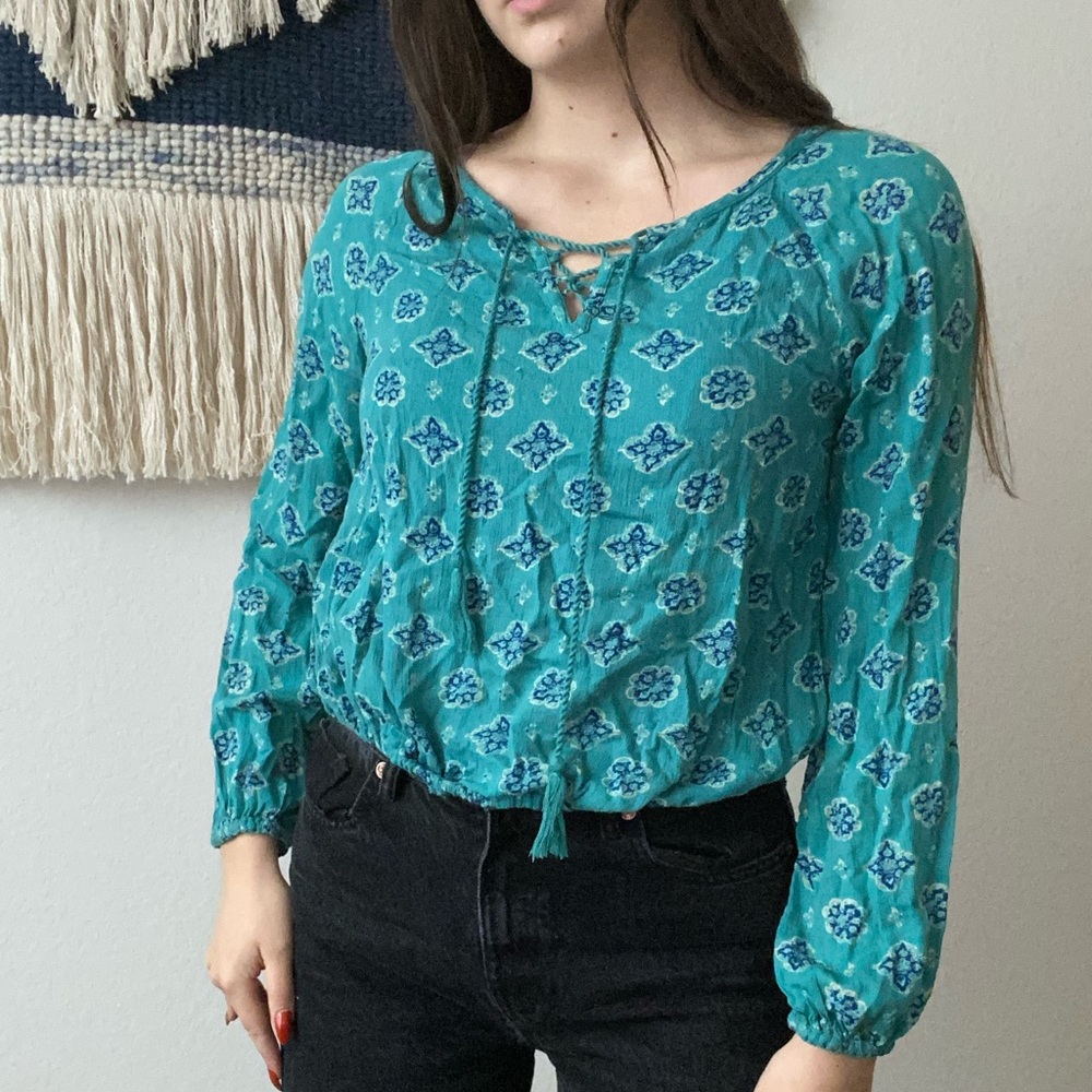 Patterned Lace-Up Peasant Top